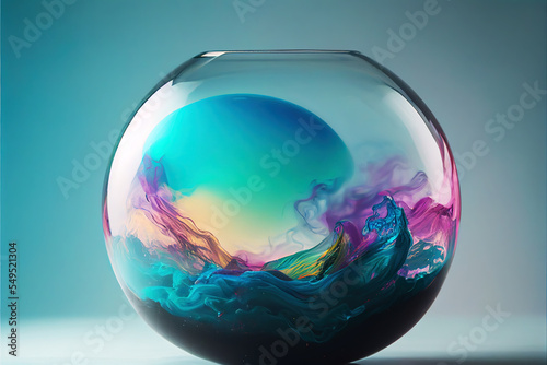 A glass bauble filled with colourful liquids, sea in a glass.