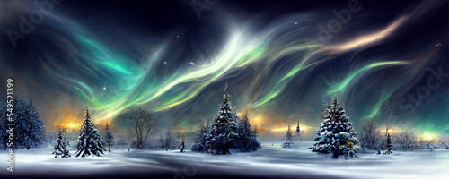 Fantasy winter landscape with northern light