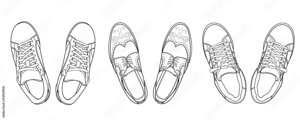Set of one pair of classic brogues and two pairs of sneakers. Gym and classic shoes, top view. Doodle outline vector illustration. Set of one pair of classic brogues and two pairs of sneakers. Gym and classic shoes, top view. Doodle outline vector illustration.