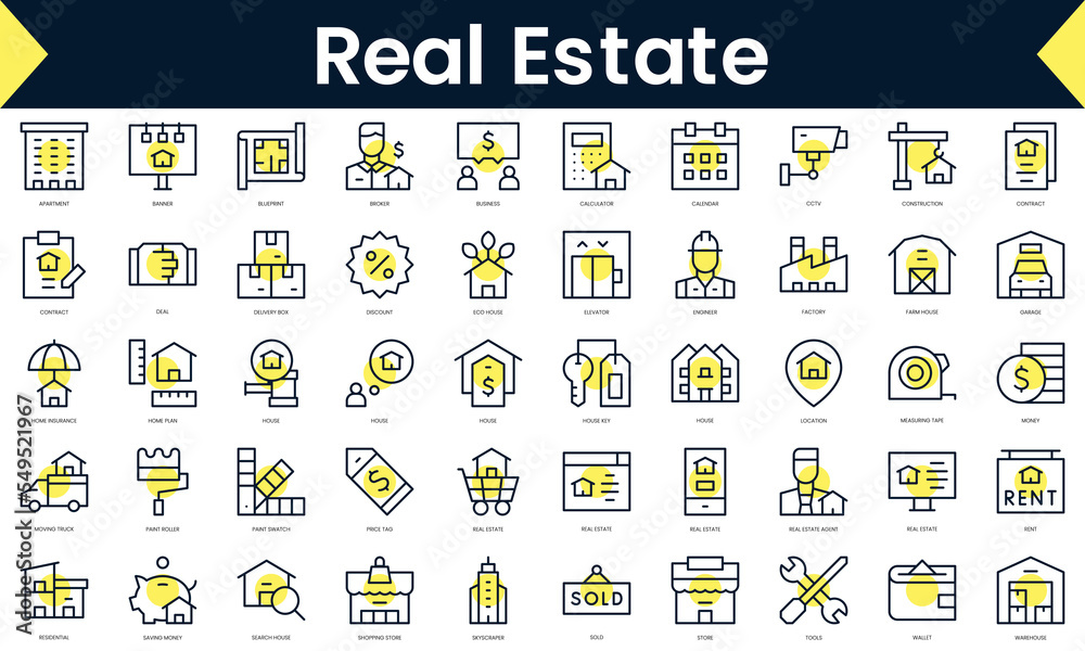 Set of thin line real estate Icons. Line art icon with Yellow shadow. Vector illustration - obrazy, fototapety, plakaty 