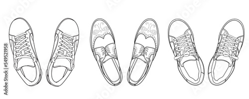 Set of one pair of classic brogues and two pairs of sneakers. Gym and classic shoes, top view.  Doodle outline vector illustration.