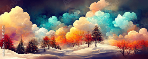 Magical winter landscape scene with colorful clouds
