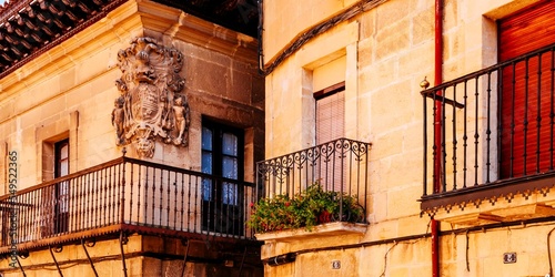 Manor house with coats of arms on its facade. Elciego, Álava, Basque Country, Spain, Europe