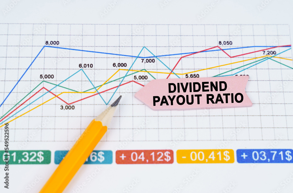 On business charts there is a pencil and an arrow sticker with the inscription - DIVIDEND PAYOUT RATIO On business charts there is a pencil and an arrow sticker with the inscription - DIVIDEND PAYOUT RATIO