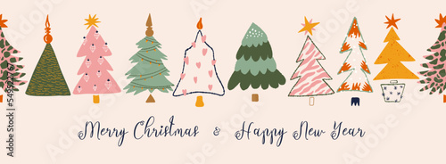 Christmas and Happy New Year banner. Scandinavian Xmas background of Christmas tree. Horizontal seamless header for website template, promotion, headline.