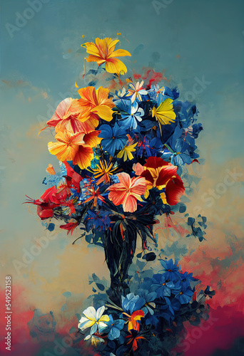Expressive  vibrant  red  yellow and blue flowers - painted in oil paints on canvas and rough paper