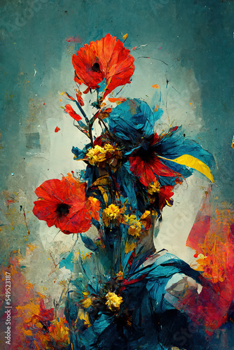 Expressive, vibrant, red, yellow and blue flowers - painted in oil paints on canvas and rough paper