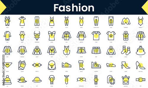 Set of thin line fashion Icons. Line art icon with Yellow shadow. Vector illustration
