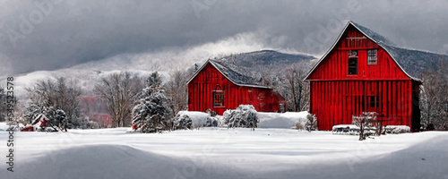 Red barn during winter with snow Stowe Vermont USA