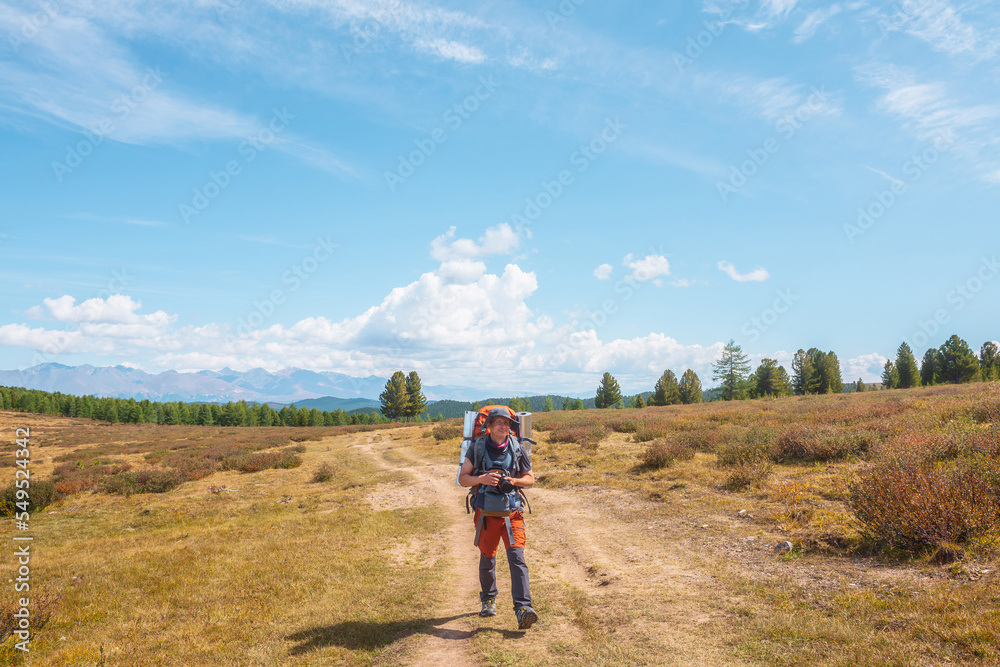 Alone traveler with large backpack walks along hiking trail on sunlit high mountain plateau under white clouds in blue sky. Backpacker with photo camera in autumn mountain trekking in good weather.