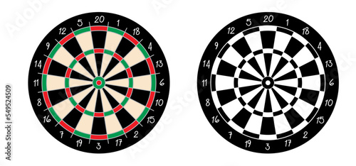 Cartoon dart board symbol. Dartboard icon. color and twenty, black, green or white game board and darts game. goal target competition sign. Sports equipment and arrows. Throw single, double or triple photo