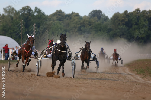 Horses and riders running at horse races © IvSky