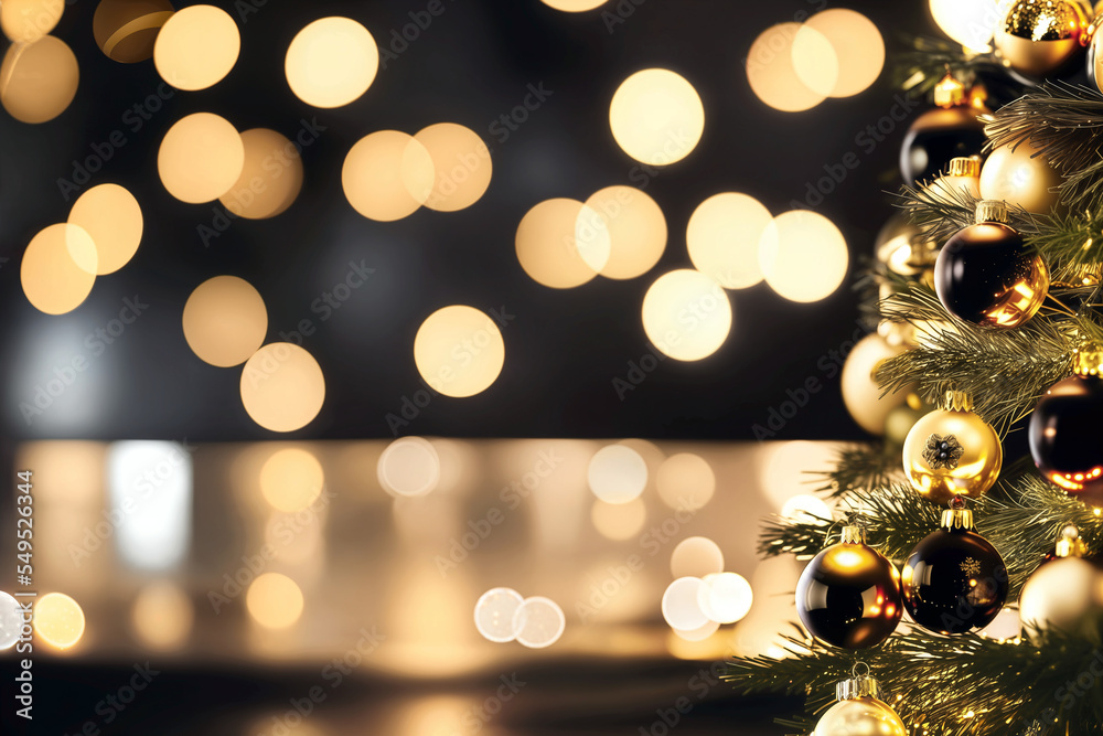 Christmas tree with lights and balls, defocused background with bokeh lights, Generative AI