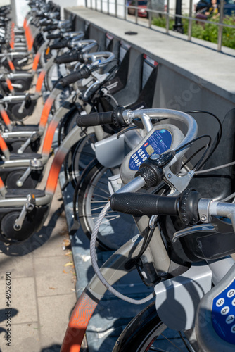 Bicycle parking for rental on the Central Square in Moscow, Russia