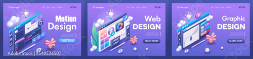 Kit Trending Landing Pages, 3D Isometric, cartoon. Motion design, Web design, Graphic design. Vector illustration