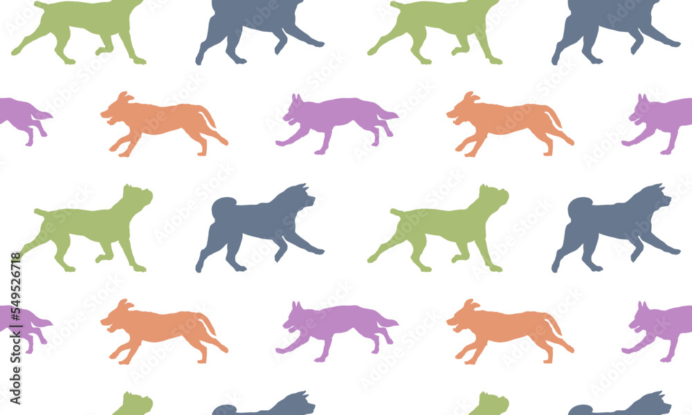 Obraz premium Seamless pattern. Silhouette dogs different breeds isolated on white background. Endless texture. Design for fabric, decor, wallpaper, wrapping paper, surface design. Vector illustration.