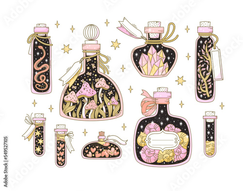 Set of hand drawn bottles with magic potion in fantasy style on white background. Doodle vector illustration of vials, jars, flasks with scary occult objects like mushrooms, shells, snake, crystals.