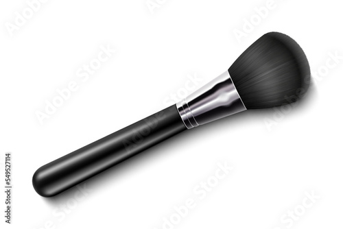 Black Clean Professional Makeup Powder Brush with black handle isolated on white background. 3d realistic vector illustration.