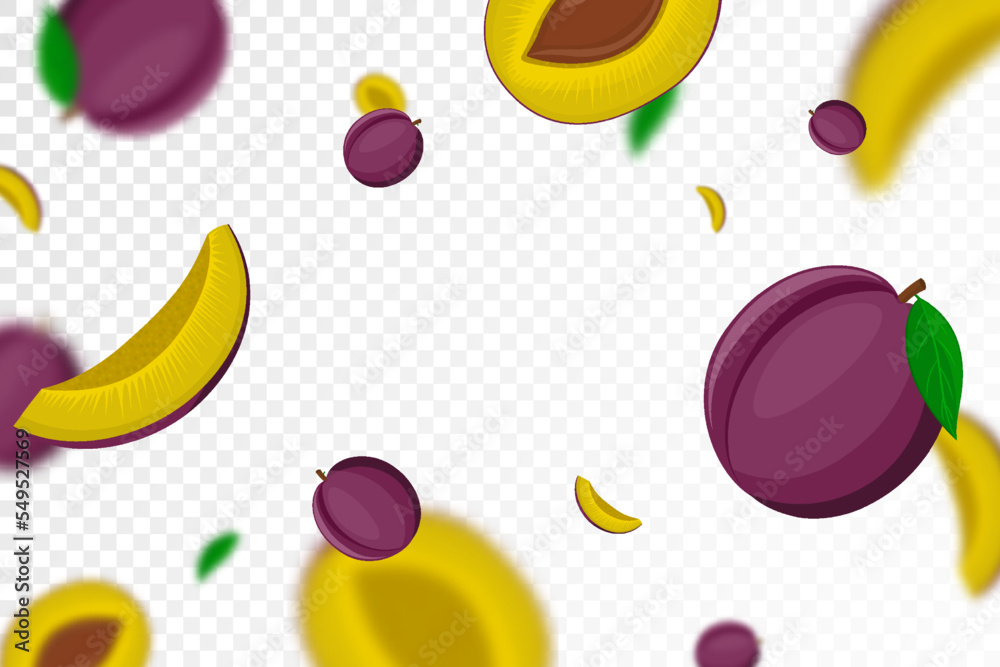 Falling plums, isolated on transparent background. Flying whole and sliced plum fruits with blurry effect. Can be used for advertising, packaging, banner, poster, print. Vector flat design