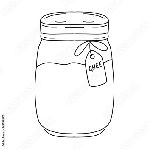 Ghee butter. Traditional Indian clarified butter in a glass jar. Hand drawn doodle, outline contour drawing. Vector illustration isolated on white background
