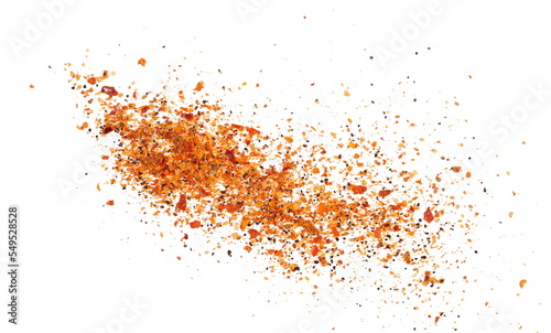 Seasoning preparation, mild hot powder mixture with spices and tomatoes, (black pepper, garlic, cane sugar, granulated tomatoes, cayenne pepper, sea salt) isolated on white, top view 