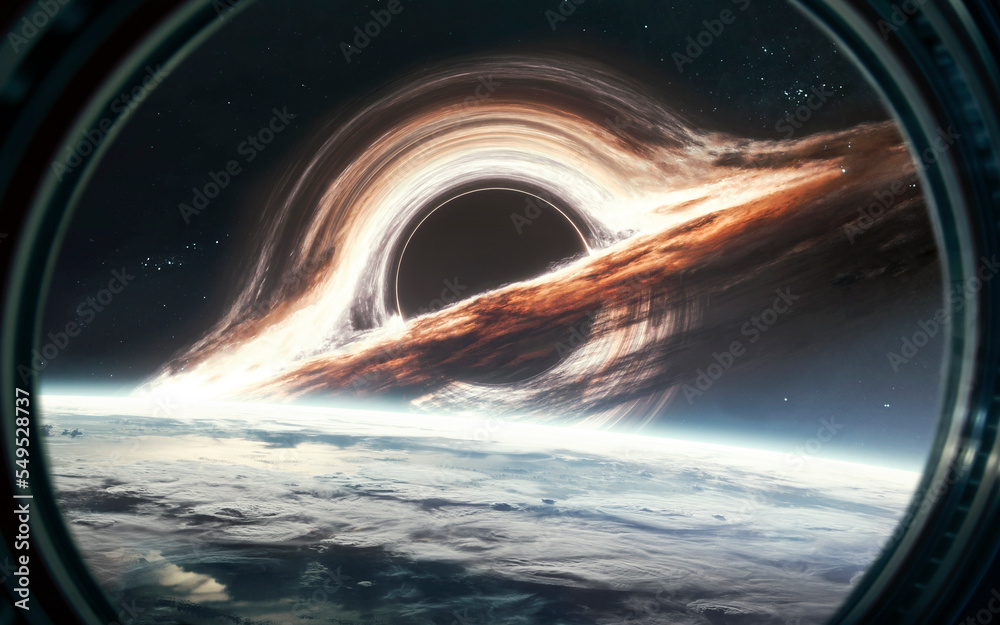 3D illustration of Huge black hole near planet Earth. 5K realistic science fiction art. Elements of image provided by Nasa