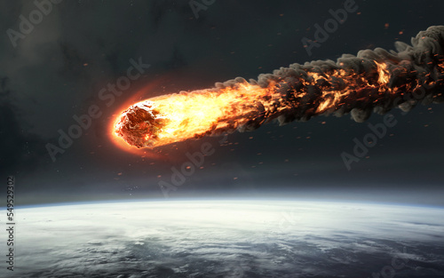 Fototapeta Naklejka Na Ścianę i Meble -  3D illustration of A flaming asteroid crashes into the Earth. 5K realistic science fiction art. Elements of image provided by Nasa