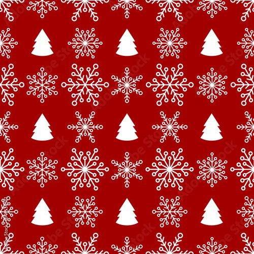 White fir-trees with snowflakes on red background. Forest blizzard. seamless winter pattern with spruce. Christmas vector ornament. holiday simple texture for printing on fabric or paper.