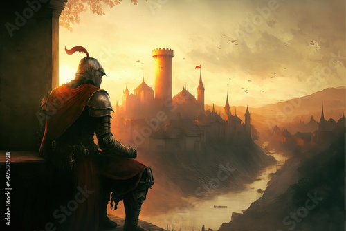 illustration de fantasy, chevalier assis devant une ville médiévale, soleil couchant photo