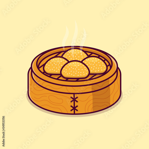 steamed mantau or dimsum in a bamboo steamer basket isolated cartoon vector photo