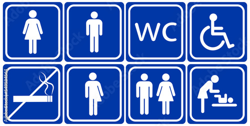 Toilet line icon set on blue backgrounds