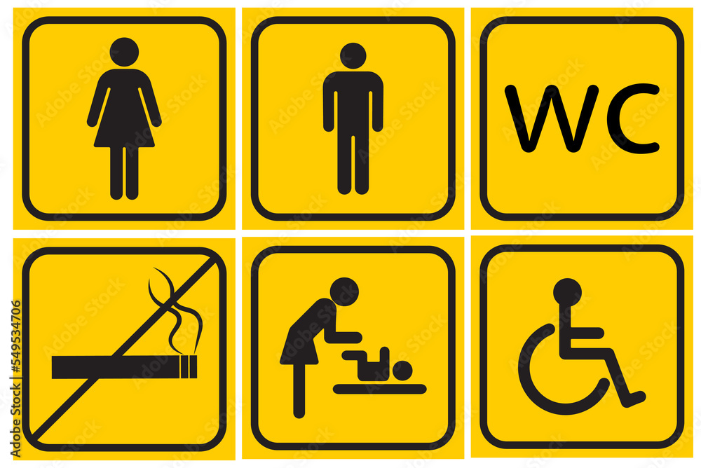 Toilet line icon set on yellow backgrounds