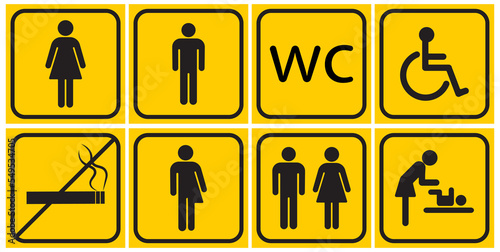 Toilet line icon set on yellow backgrounds