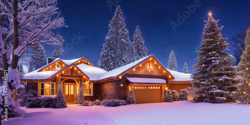 House in the snow with christmas decoration, CGI, Generative AI
