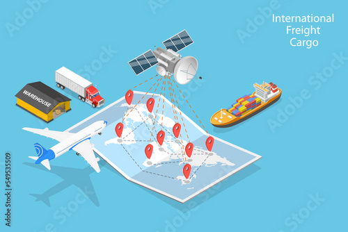 3D Isometric Flat Vector Conceptual Illustration of International Freight Cargo, Global Logistics Network