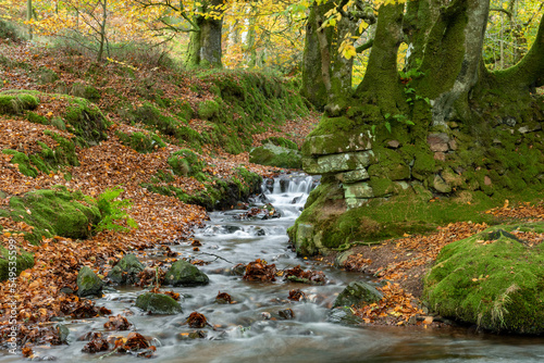 Long exposure of a waterfall at Robbers Bridge in Exmoor National Park in autumn
