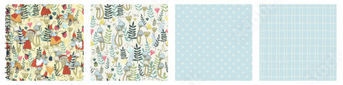 Seamless patterns set with funny female gnome gathering berries, mushrooms, flowers. Fairy tale elf girls in red hats and wooden shoes in the forest. Vector illustration for children