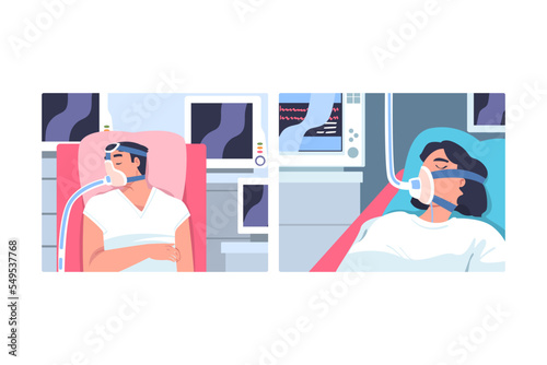 Young Man and Woman Patient in Hospital Lying on Bed with Mask Having Artificial Lung Ventilation Being in Critical Condition Vector Set