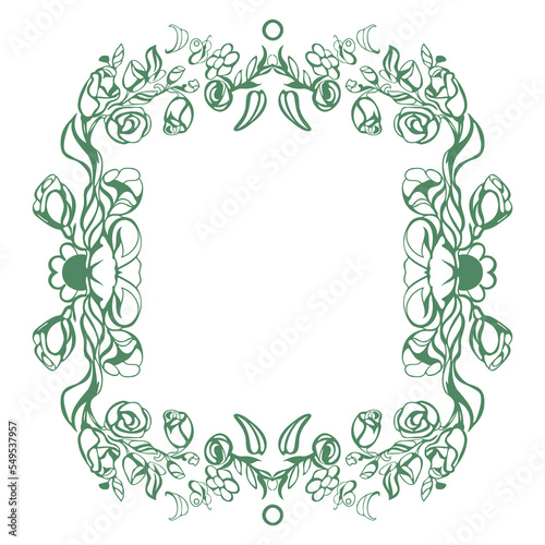 Vector ornamental hand drawn frame. Floral art vintage background. Elegant decorative drawing green pattern