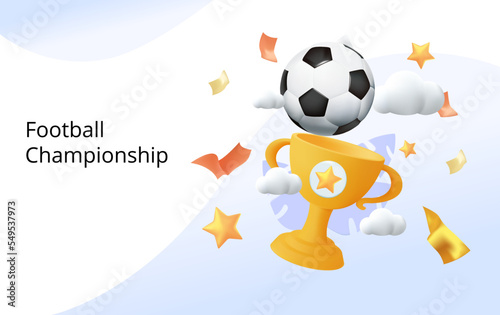 3D background with football ball and golden cup. Sports championship creative background, FIFA, UEFA football