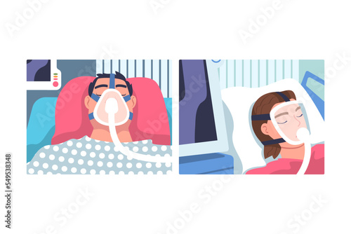 Young Man and Woman Patient in Hospital Lying on Bed with Mask Having Artificial Lung Ventilation Being in Critical Condition Vector Set
