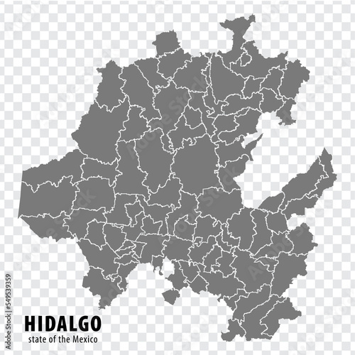 State Hidalgo of Mexico map on transparent background. Blank map of  Hidalgo  with  regions in gray for your web site design, logo, app, UI. Mexico. EPS10. photo
