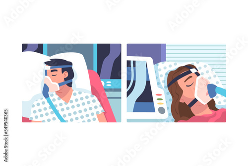Young Man and Woman Patient in Hospital Lying on Bed with Mask Having Artificial Lung Ventilation Being in Critical Condition Vector Set