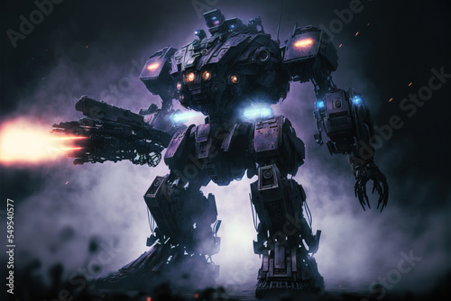 Digital paint of a night combat scene of a sci-fi mech standing in the fog in an attacking pose with assault gun on a dark background. Military attack aircraft robot with tank metal armor