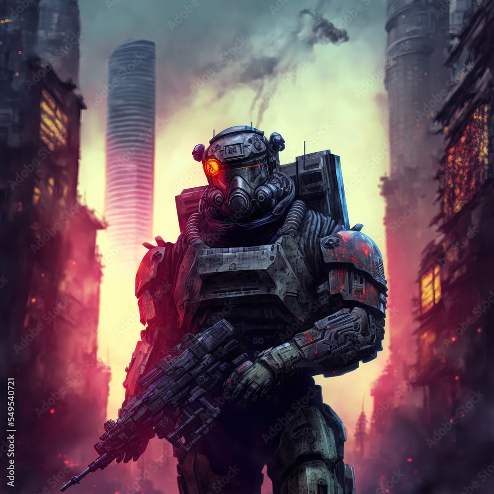 Cyberpunk soldier city warfare digital illustration of science