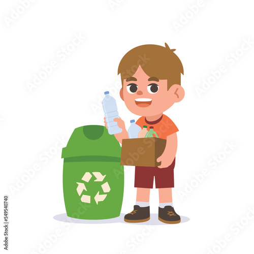 a white boy holding a box of plastic bottles with a recycle rubbish bin. illustration cartoon character vector design on white background.