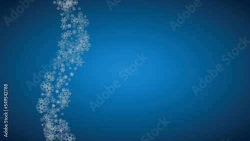 New year background with silver frosty snowflakes. Horizontal backdrop. Stylish new year background for holiday banner, card. Falling snow with sparkles and flakes for season special offers and sales.