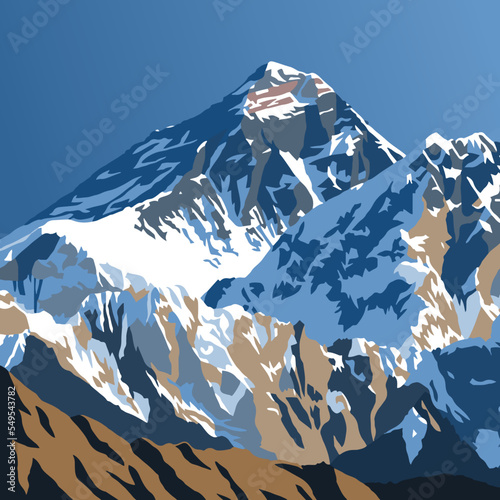Mount Everest from Gokyo peak, vector illustration, Khumbu valley, Everest area, Nepal himalayas mountains