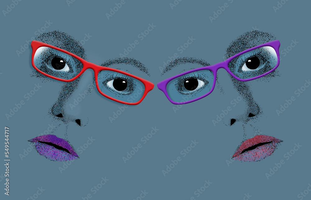 Two attractive women wearing eyeglasses are seen with a lipstick color to match their glasses. This is a 3-d illustration about eyewear.
