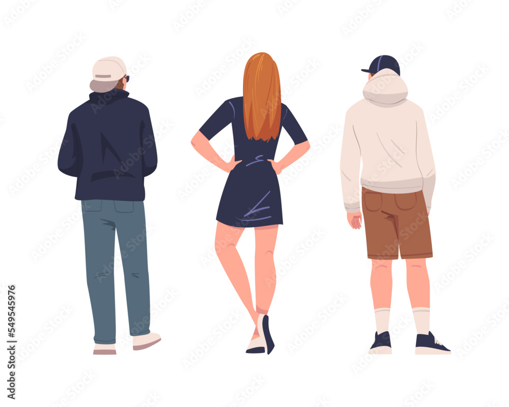 Man and Woman Character Standing Back View Vector Set Man and Woman Character Standing Back View Vector Set